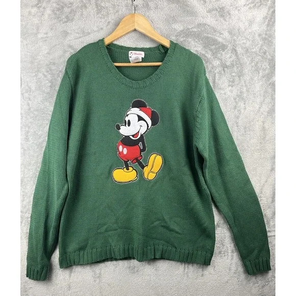 The Disney Store Mickey Mouse Crewneck Knit Sweater XL Green Applique Unisex - Picture 1 of 6